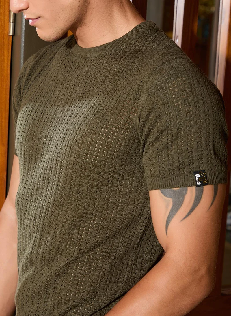 Wrogn Flat Knit Slim Fit T-Shirt | Olive